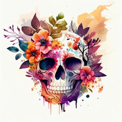 skull with flowers watercolor Generative AI