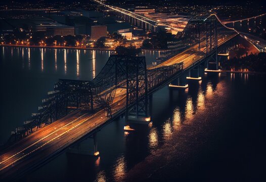 New Orleans at night. Aerial pullback reveal as traffic crosses bridge over Mississippi River. Generative AI