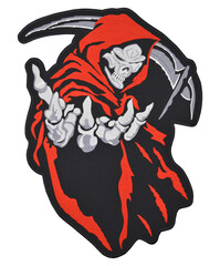 Embroidered patch depicting a skeleton, skull, death. Accessory for metalheads, punks, rockers,...