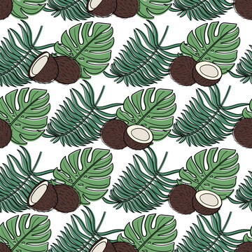 Seamless summer pattern with tropical leaves and coconuts in doodle style. Coconut pattern with leaves. Vector image