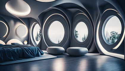 Incredibly beautiful modern bedroom with large glass windows, new technology, and a hint of the future. Generative AI.