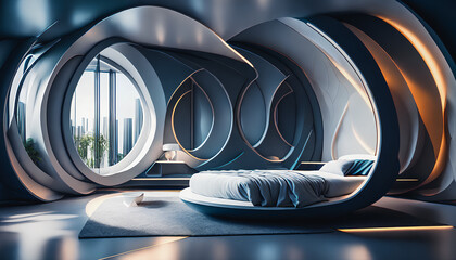 Incredibly beautiful modern bedroom with large glass windows, new technology, and a hint of the future. Generative AI.
