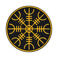 Embroidered patch with a helmet of horror. Scandinavian mythology, Vikings, Nordic tradition....