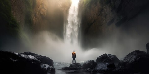dramatic image of person standing at base of towering and majestic waterfall with mist and spray creating a powerful and awe inspiring scene, created with Generative AI technology