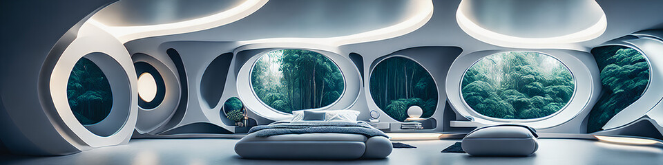Obraz premium Incredibly beautiful modern bedroom with large glass windows, new technology, and a hint of the future. Generative AI.