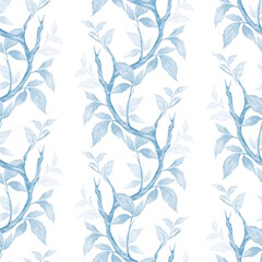 Monochrome seamless pattern of blue leaves and branches.