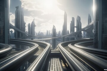 Obraz na płótnie Canvas A futuristic cityscape with advanced infrastructure, such as maglev trains or hyperloops, Generative AI