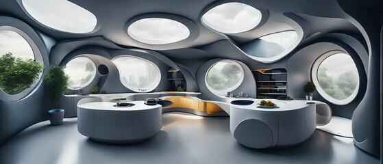 A modern kitchen with large bright windows. Futuristic technology, in the future. Generative AI.