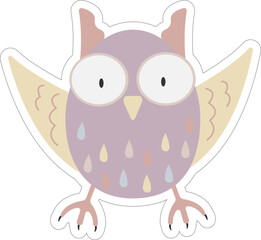 Cute sticker of cartoon crazy scared girl owl with colorful feathers. Vector pastel illustration for baby print, birthdays and invitation designs.
