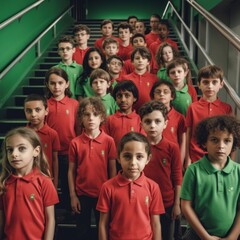 Multiculturalism in French primary schools: Students on the school stairs, generative ai