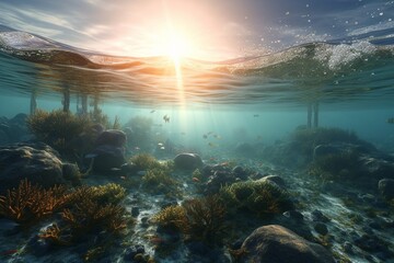 Fototapeta na wymiar A detailed illustration of a sea or ocean scene with marine life, Generative AI