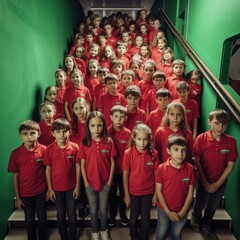 Multiculturalism in French primary schools: Students on the school stairs, generative ai