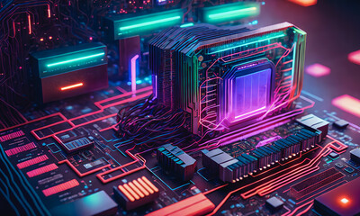 Fototapeta premium Quantum computer, motherboard, quantum processor unit. New technologies, future. Generative AI.