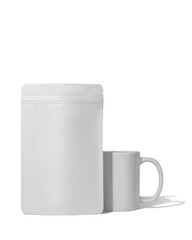 White cardboard packaging for tea and a mug. Branding and packaging mockup for tea, coffee, snacks on a transparent background