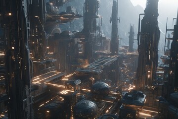 A futuristic cityscape with towering arcologies or vertical cities, Generative AI