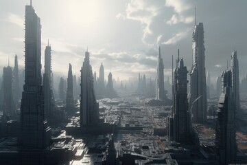 Fototapeta na wymiar A futuristic cityscape with towering arcologies or vertical cities, Generative AI