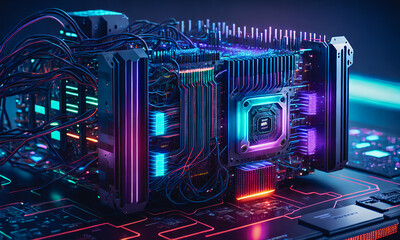 Fototapeta na wymiar Quantum computer, motherboard, quantum processor unit. New technologies, future. Generative AI.