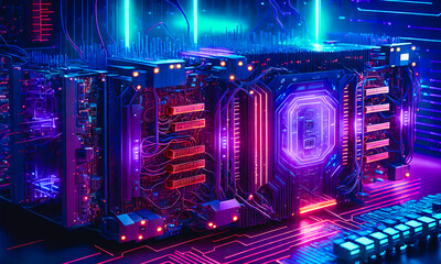 Obraz na płótnie Canvas Quantum computer, motherboard, quantum processor unit. New technologies, future. Generative AI.