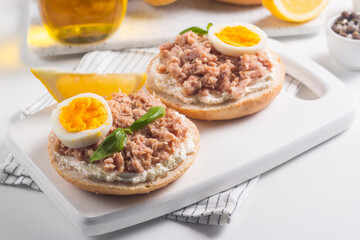 Toast with Canned Tuna. Fish open sandwich with egg and cheese. 