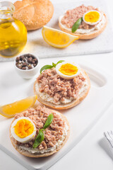Toast with Canned Tuna. Fish open sandwich with egg and cheese. 
