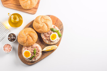 Toast with Canned Tuna. Fish open sandwich with egg and cheese. 