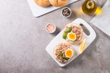 Toast with Canned Tuna. Fish open sandwich with egg and cheese. 