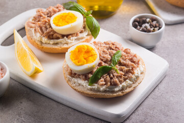 Toast with Canned Tuna. Fish open sandwich with egg and cheese. 