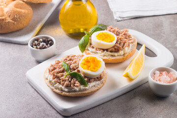 Toast with Canned Tuna. Fish open sandwich with egg and cheese. 