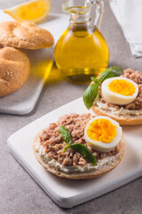 Toast with Canned Tuna. Fish open sandwich with egg and cheese. 