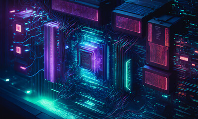 Quantum computer, motherboard, quantum processor unit. New technologies, future. Generative AI.