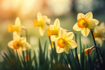 Fototapeta premium daffodils in beautiful natural landscape with bokeh in Background