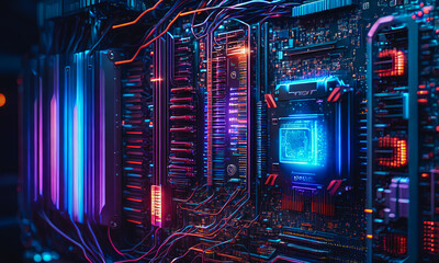 Obraz premium Quantum computer, motherboard, quantum processor unit. New technologies, future. Generative AI.