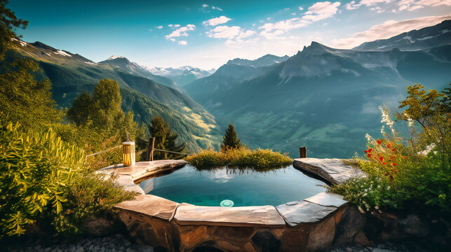 An alluring image of a luxurious outdoor jacuzzi situated amid a spectacular alpine landscape, offering a unique and indulgent spa experience