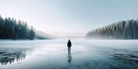 Zelfklevend Fotobehang person standing on a frozen lake with winter landscape and snow covered trees visible in distance, created with Generative AI technology © koldunova