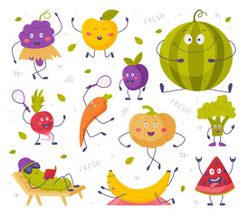 Funny Fruits and Vegetables Playing Badminton and Doing Yoga Vector Set