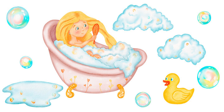 Watercolor set. A blonde girl is sitting in a bubble pink bath and combing her hair, soap foams, puddles, rubber duck. A lot of soap foam in the bath. Watercolor isolated illustration. Cartoon style.
