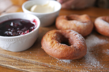chocolate donuts on plate with copy space