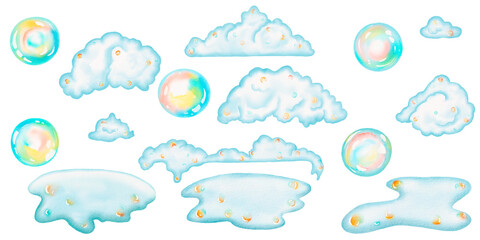A set of multicolored watercolor soap foams and bubbles different shapes - isolated illustrations. Simple, cosy design. Cartoon style