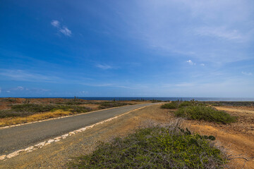 Beautiful view of stone desert of natural park on island of Aruba with asphalt road for vehicles against backdrop of Caribbean sea. Aruba.