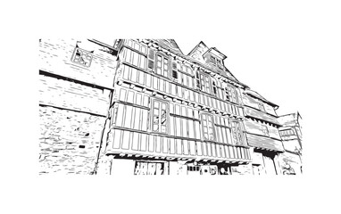 Building view with landmark of Quimper is the commune in France. Hand drawn sketch illustration in vector.