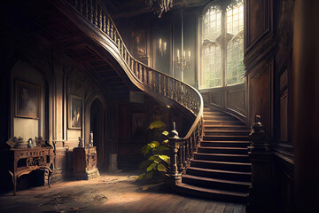 Old wooden staircase in abandoned manor interior hallway (Generative AI)