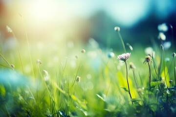 Beautiful blurred spring background nature with blooming glade, trees - obrazy, fototapety, plakaty