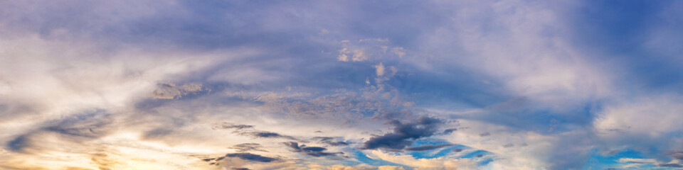 Dramatic panorama sky with cloud on sunrise and sunset time. Panoramic image.