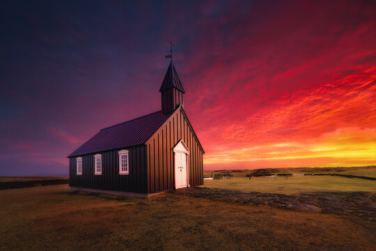 A dreamy sunset at The Black Church of Budir, Budir, Golden Circle Route, Snaefellsnes, Iceland