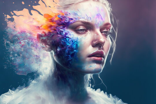 Wondrous illustration portrait woman with colorful iridescent exploding and dissolving in to liquid color and melting from her face in double exposure for psychedelic artwork by Generative AI.