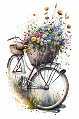 Fototapeta na wymiar Watercolor bicycle with basket of flowers