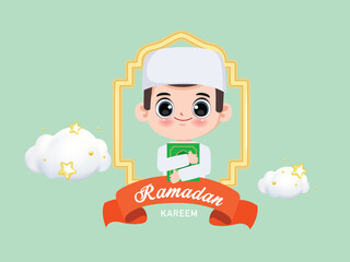 Ramadan kareem with muslim man cartoon character. Chibi cartoon animation design.