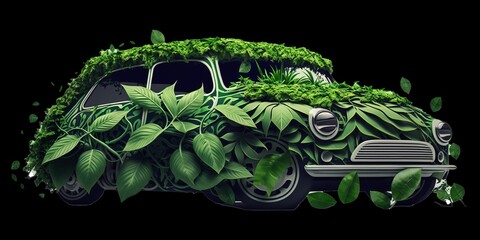 car made of green leaves, ecological concept