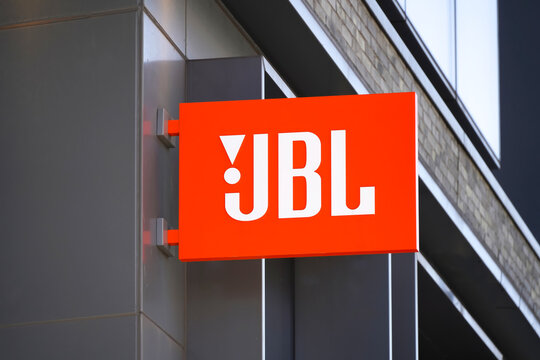 New York, NY - April 9, 2023 : JBL audio products company corporate logo outside Soho Manhattan shop.