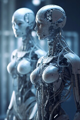 Fototapeta na wymiar Two white robots, futuristic, AI, avant-garde